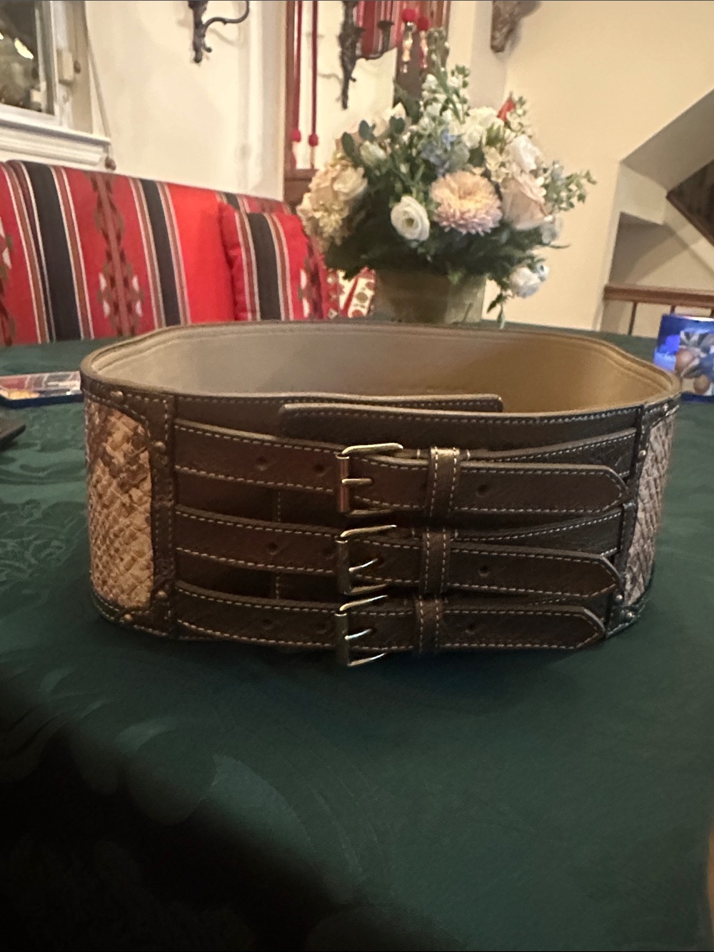 Wide Brown Leather Waist Belt with Buckle Straps